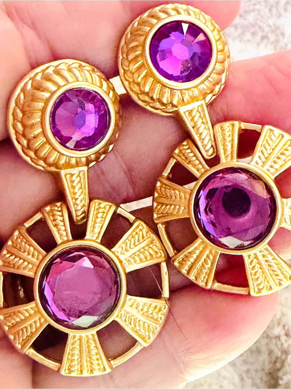 Vintage Robert Rose Museum Gold Purple Crystal Roman Dangle Disc Earrings - Post - Picture 6 of 11